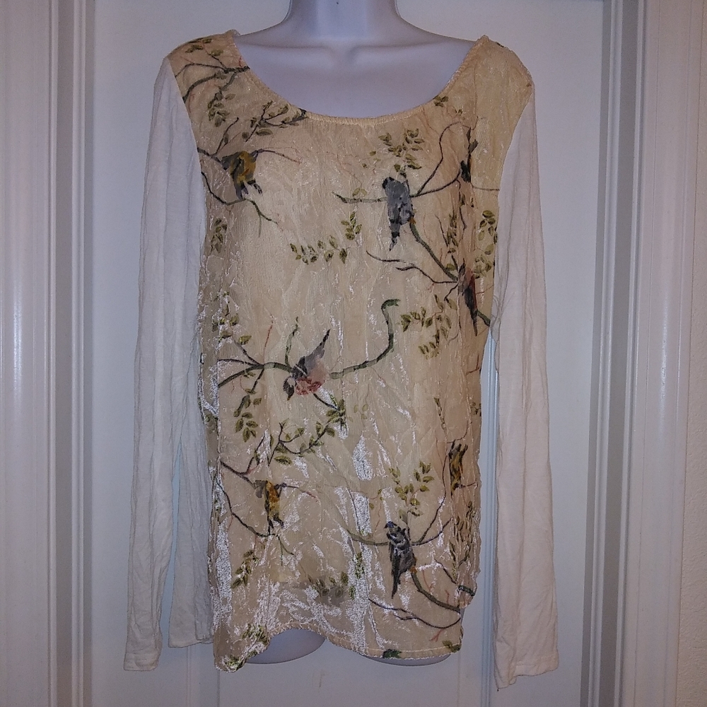 Deletta Velvet Bird Print Long Sleeve Top